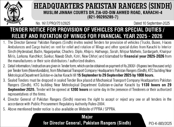 Pakistan Rangers Sindh Tender Notice